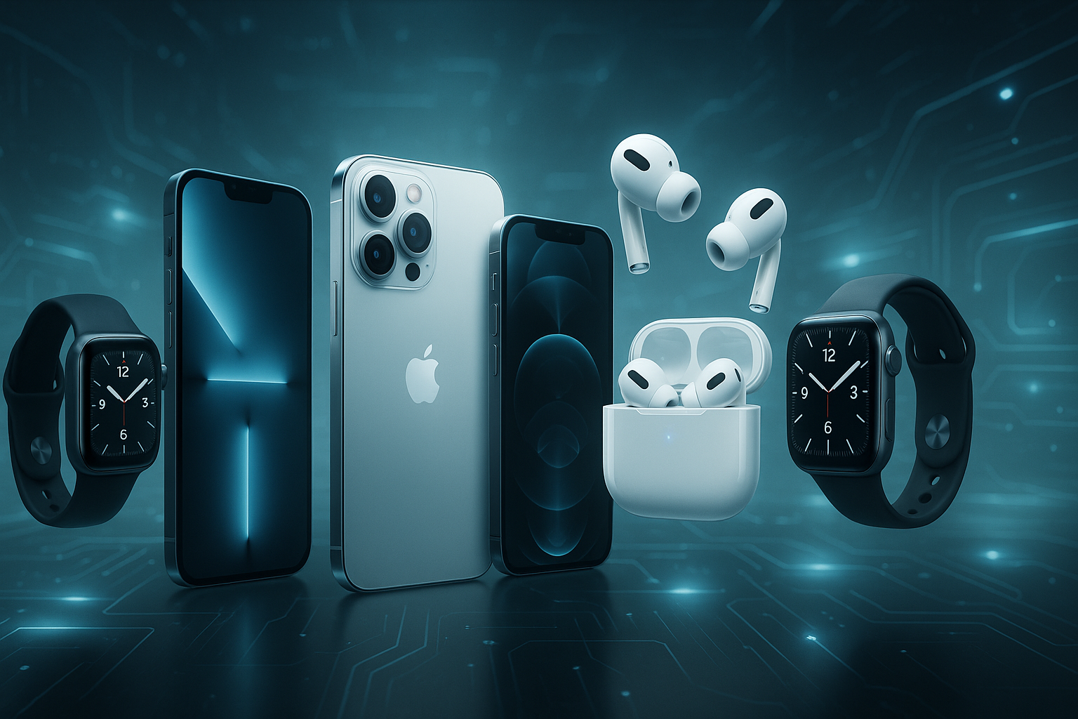Generate a futuristic website banner showing multiple iPhones, AirPods, and Apple Watches floating in a glowing tech-inspired environment. Use cool tones (silver, black, white, light blue), with a professional, premium vibe