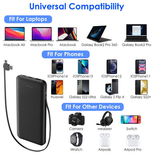 1Pc 10000mAh Power Bank Portable Phone Charger External Battery Pack With LT And Type C Double Ended Cable Type C USB Cable Fit For IOSPhone 14 Android And More - MobilTak